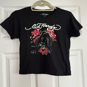 Ed Hardy Black Tee with Panther and Red Rose